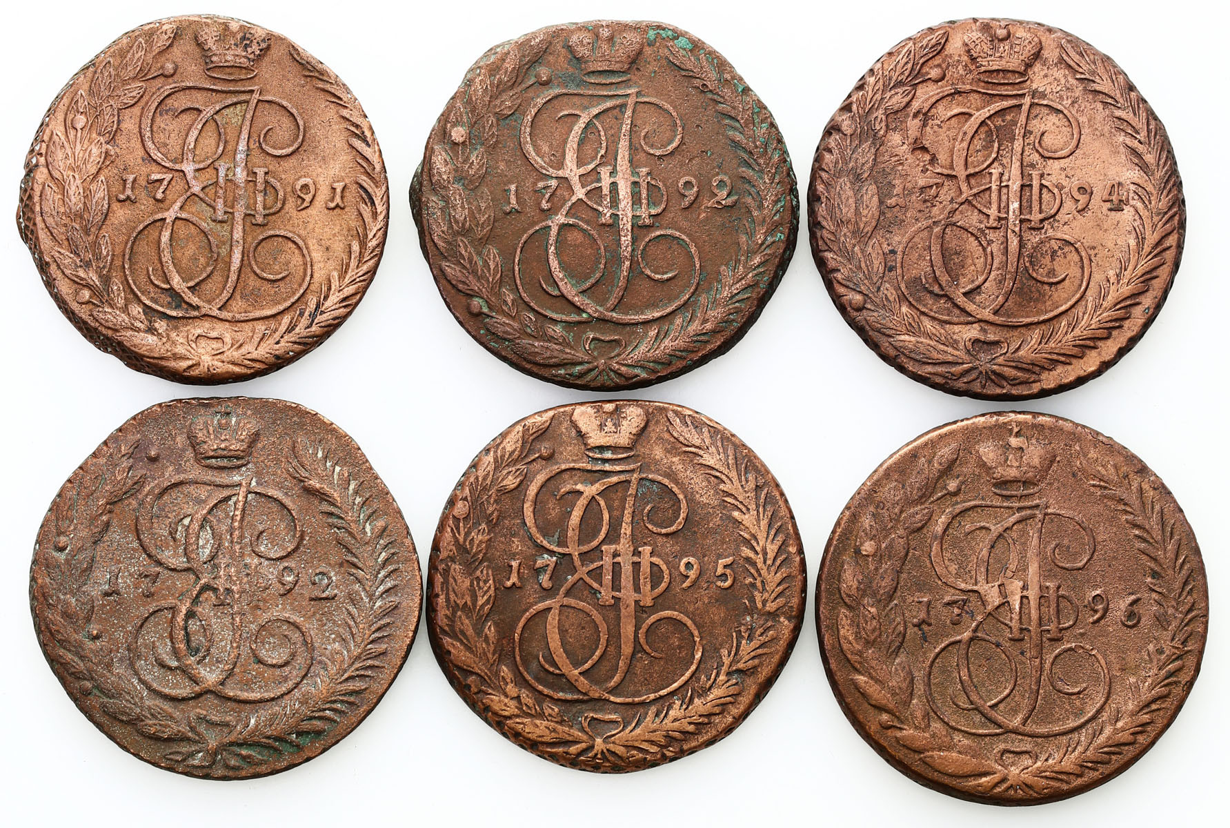 Rosja. Katarzyna II. 5 kopiejek 1791-1796, zestaw 6 monet